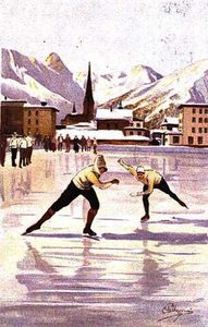 Los patinadores de carreras en la pista de hielo en Davos