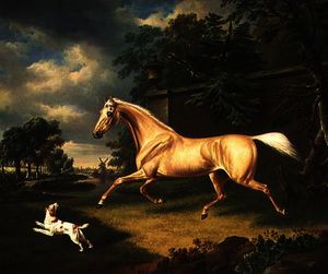 A Palomino frightened by an oncoming storm with a Spaniel