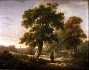 Travellers at a crossroads in wooded landscape