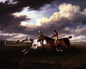 Two Racehorses with Jockeys up, Exercising in a Landscape