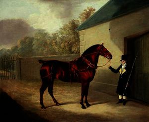 A Carriage Horse and a Groom at a Stable