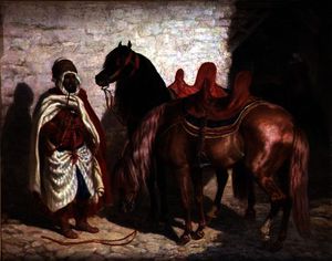 An Arab with two horses