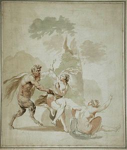 Satyr attacking two nude bathers