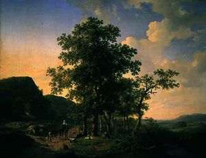 Wooded landscape with peasants and animals
