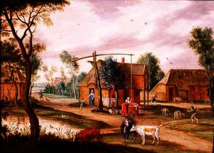 A village landscape with a woman drawing water from a well (panel)