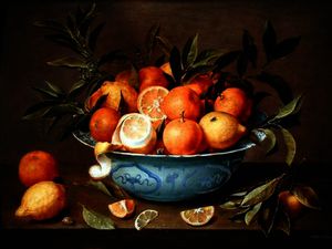 naturaleza muerta con naranjas y limones en un Wan-Li plato de porcelana