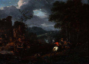 A cavalry skirmish in an extensive hilly landscape