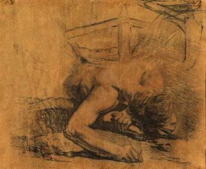 Man Reclining on the Ground and the Corner of a Bed