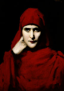 A woman in a red cloak