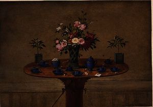 Still life with a vase of flowers and a tea service