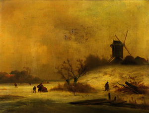 A winterlandscape with peasants near a windmill
