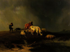 Een kudde vee door storm overvallen