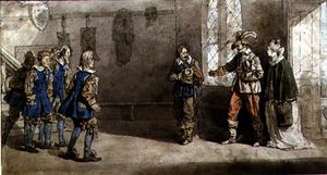 Petruchio, Katarina and servants in a scene