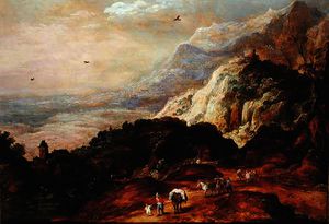 A Mountainous Landscape with Figures and Mules