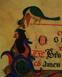 A fantastical bird perched above a cloaked figure, detail of decorated initial 'R' an