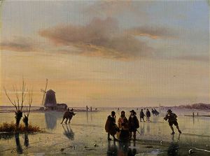 A winter landscape with figures on the ice