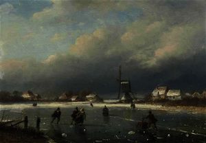 A winter landscape with skaters and a mill beyond