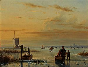 Skaters on a frozen waterway, windmills in the distance