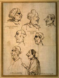 Seven caricatured profiles of four singers of the