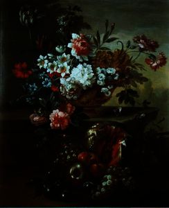 Still life of flowers in an urn with fruit