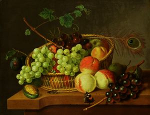 Still Life of Grapes and Peaches in a basket