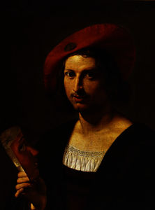 porträt von einem jung mann tragen eines Wide-Brimmed roter hut mit ein Abzeichen , und halten eine maske