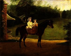 肖像  两 女孩  在 驮篮 上 小马