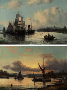 A paddle steamer and other shipping on a river estuary; and river traffic at dusk