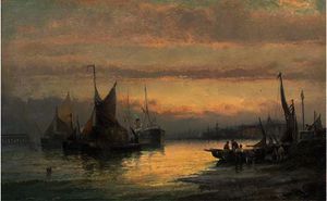 Unloading the day's catch at dusk; and hay barges and a steamer anchored off the beach at dusk
