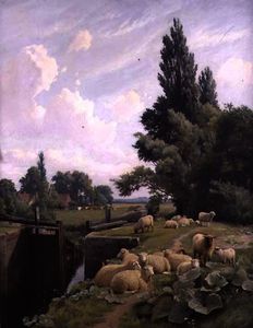 Landscape with a Canal Lock and a Flock of Sheep