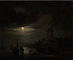 Figures on the bank of a river, by moonlight