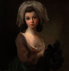 Retrato de un jóven dama , half-length , la celebración de una pluma sombrero