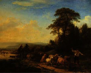 Shepherds leading their flock on a path in a mountainous landscape