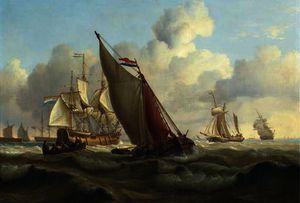 Occupé voies d'expédition hors d'un harbour avec une three-masked merchantman néerlandais hove-to prendre sur l pilote