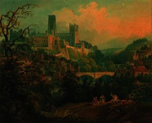 A distant view of durham; and figures crossing a bridge, durham