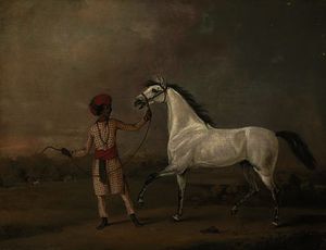 An arab stallion held by an indian groom in an exotic landscape, figures beyond