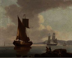 A merchantman and a barge in a calm offshore, with fishermen on the rocks in the foreground