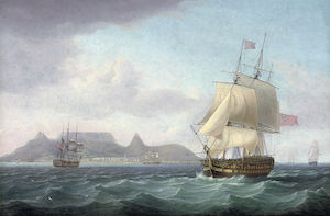 Vue de Cape Town, Table Bay, Cap de Bonne Espérance, avec un navire de soixante-quatorze fusil couché à du convoi