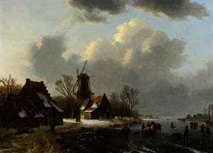 A winterlandscape with peasants on a frozen waterway, with farmhouses and a windmill beyond
