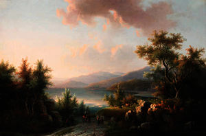 A wooded hilly landscape with travellers on a track near a lake