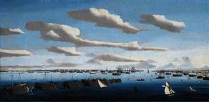 A panorama of portsmouth harbour with hulks in line ahead and the fleet at anchor, including warships of the american and spanish navies