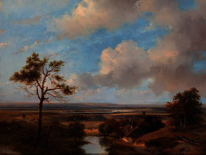 A panoramic dune landscape in the vicinity of haarlem with villagers conversing by a barn in the foreground