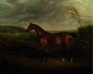 Cock robin, a chestnut hunter in a wooded landscape with a mansion beyond
