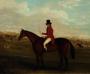 Portrait of a gentleman, said to be john mytton, on a bay hunter with a hunt beyond