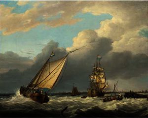 An in-bound dutch three-master at the river mouth amidst coastal craft