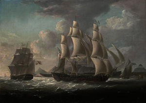 Royal naval frigates and an armed cutter off a west indian island