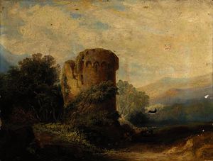 A figure resting by a ruined tower