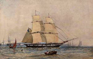 A royal navy brig making sail out of portsmouth