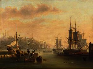 Hustle and bustle and a forest of masts in a port