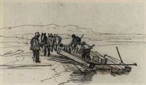 Study of a timber wagon; loading the barge